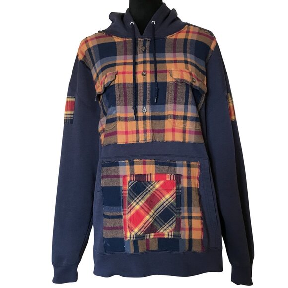 Upcycled Patchwork Hoodie, L-XL: Oversized Grunge Sweatshirt, Navy Plaid Flannel - Picture 7 of 15